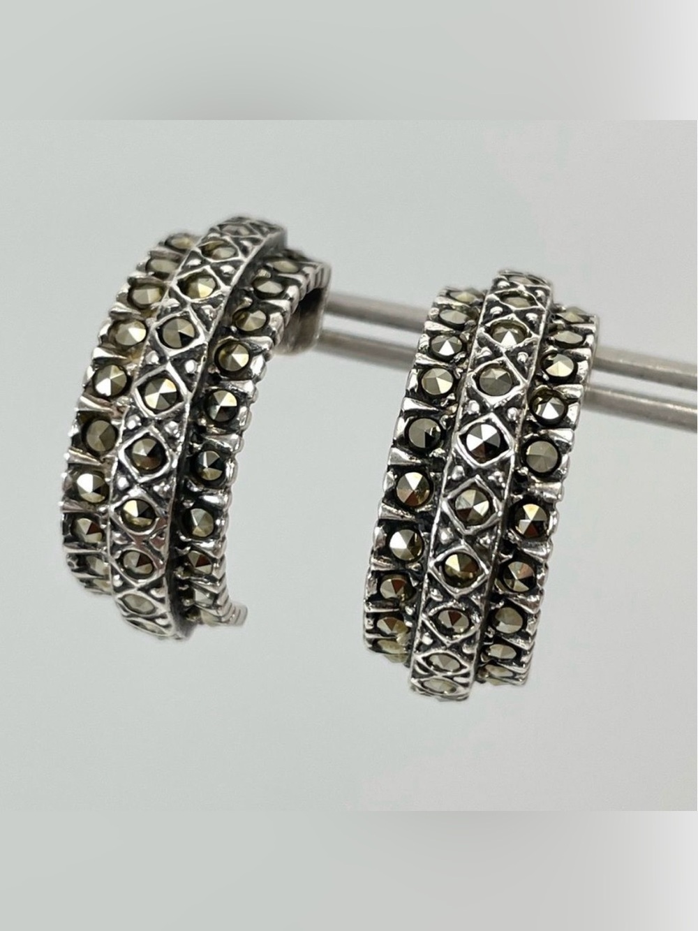 Half Hoop Marcasite Rhinestone 925 Sterling Silver Post Earrings Back Boho